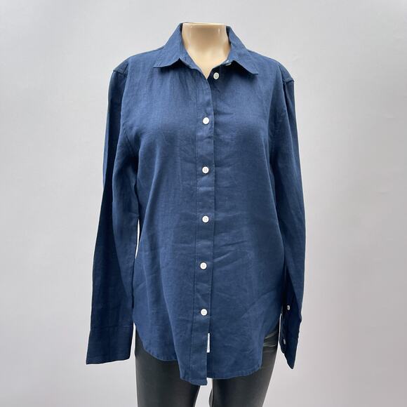 J.CREW Tops - J. Crew Top Women 4 = S Navy Blue Biard McNutte Linen Slim Fit Button Up Shirt